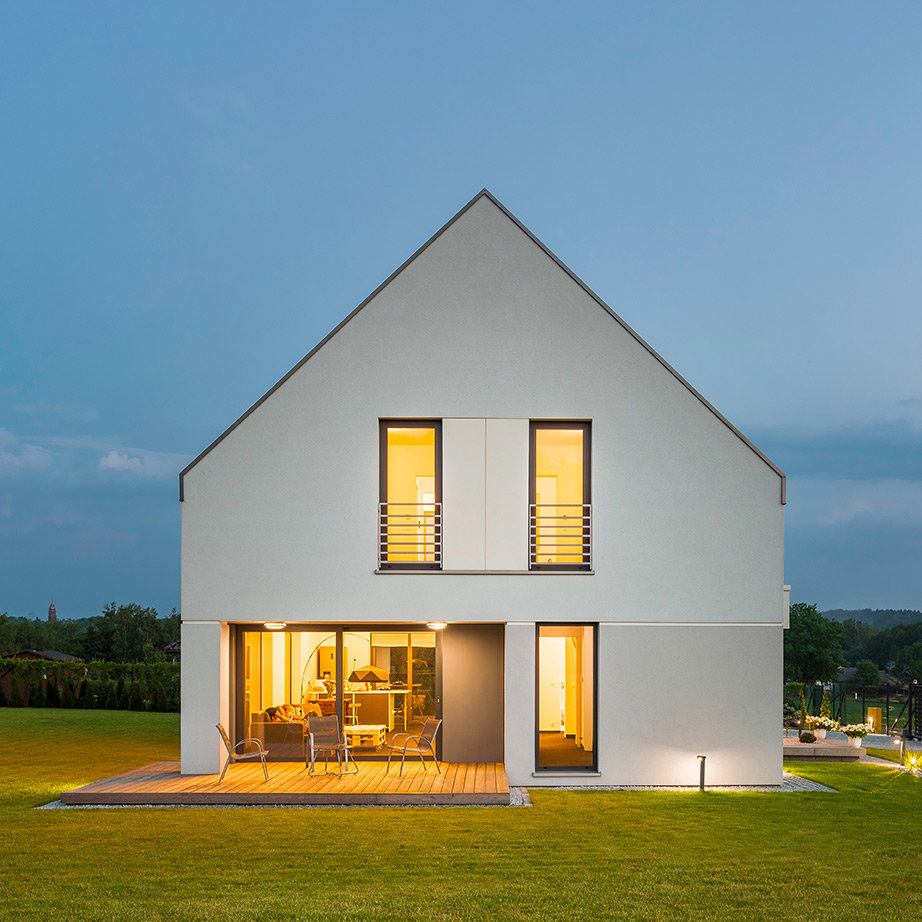 Simple modern home at dusk